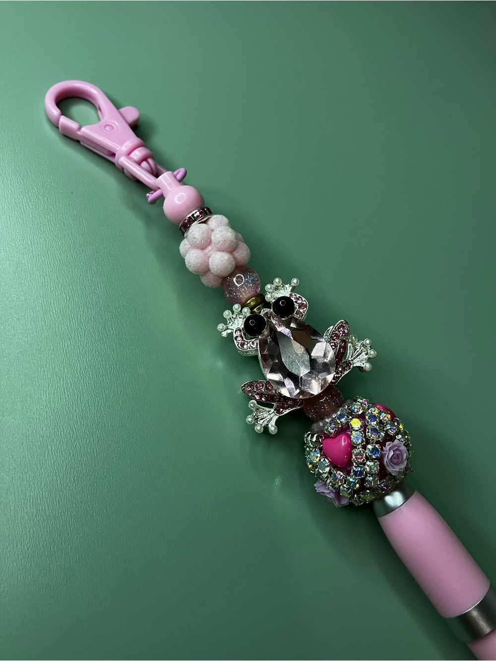 Pink Rhinestone Frog Handmade Beaded Keychain Pen - Picture 3 of 8